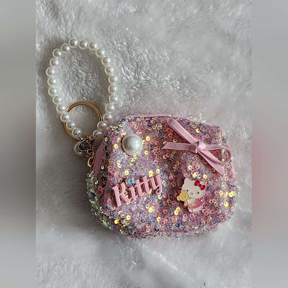 Pink Sequin Hello Kitty Mini Purse with Pearl Handle Keychain Bag Charm